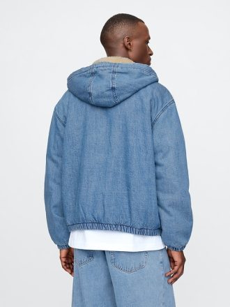 Oversized Sherpa-Lined Denim Zip Hoodie