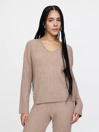CashSoft Wide Rib V-Neck Sweater