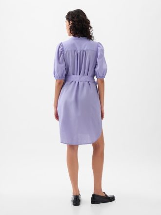 Linen-Cotton Puff Sleeve Mini Shirtdress