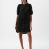 Linen-Cotton Puff Sleeve Mini Shirtdress
