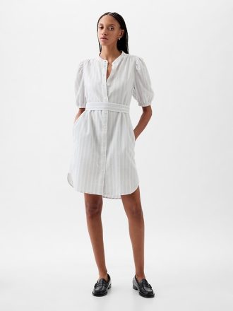 Linen-Cotton Puff Sleeve Mini Shirtdress