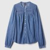 Puff Sleeve Lace-Trim Denim Shirt